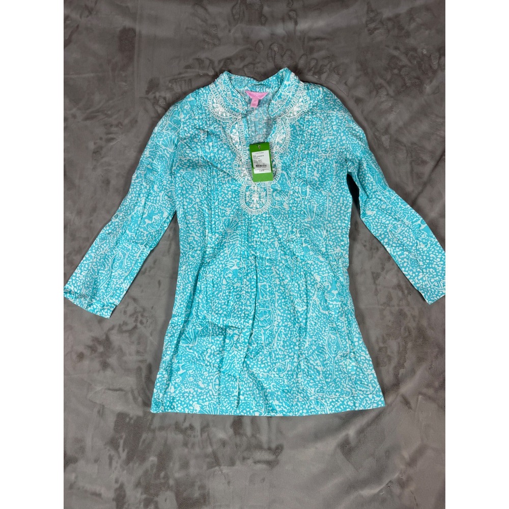 Lilly Pulitzer Sarasota Tunic Shorely Blue Ice Cake Beaded Sequin Top XS 55351